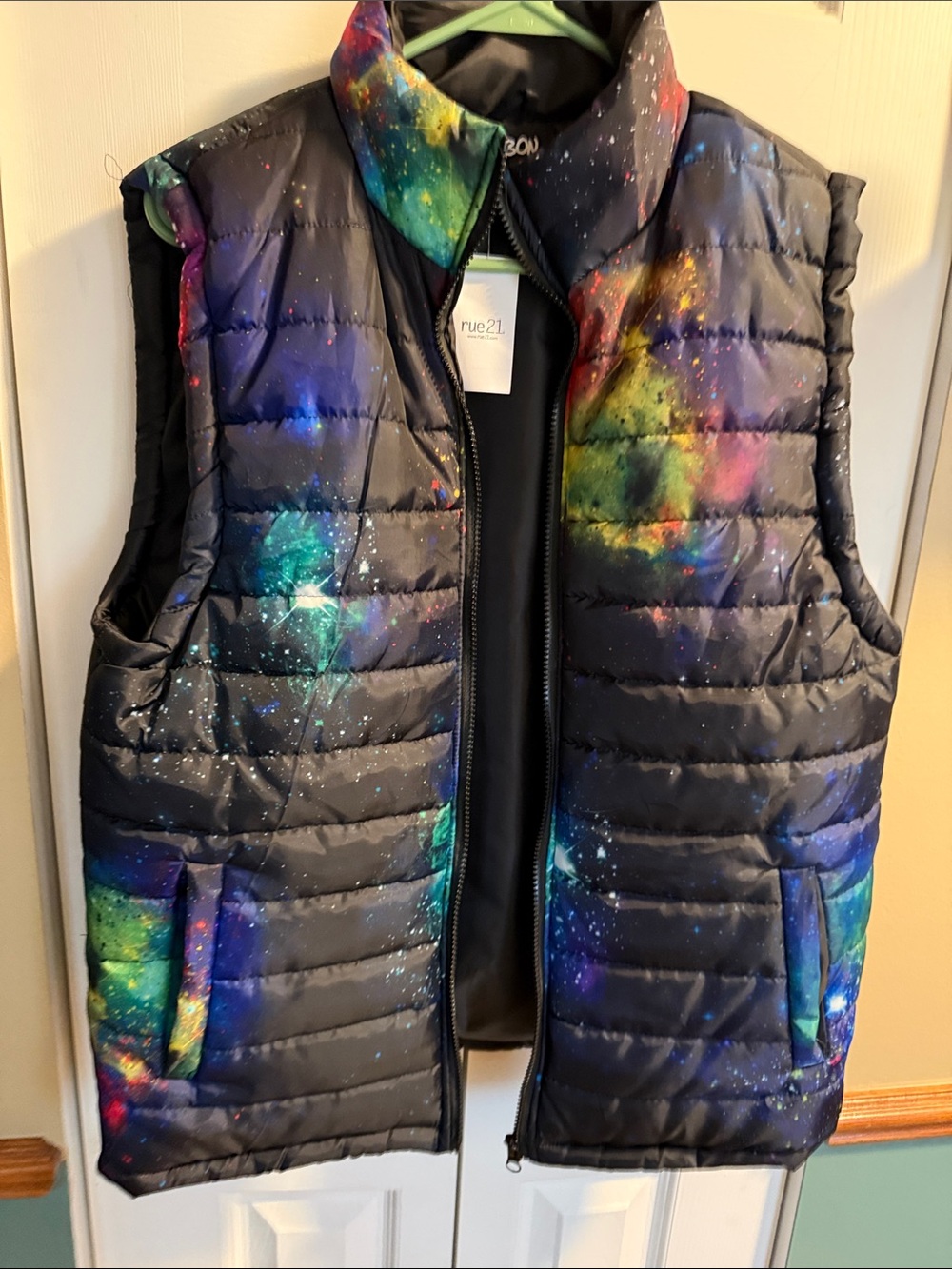 Rue21 Black Galaxy Print Puffer Vest with Multicolor Nebula